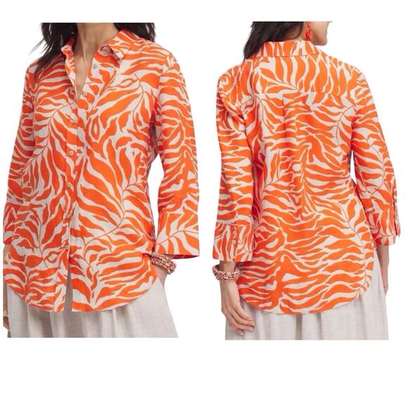 Chicos Linen Button-Up Shirt No iron Blood Orange Tan Palms Size 3 XL NWT - Picture 2 of 11